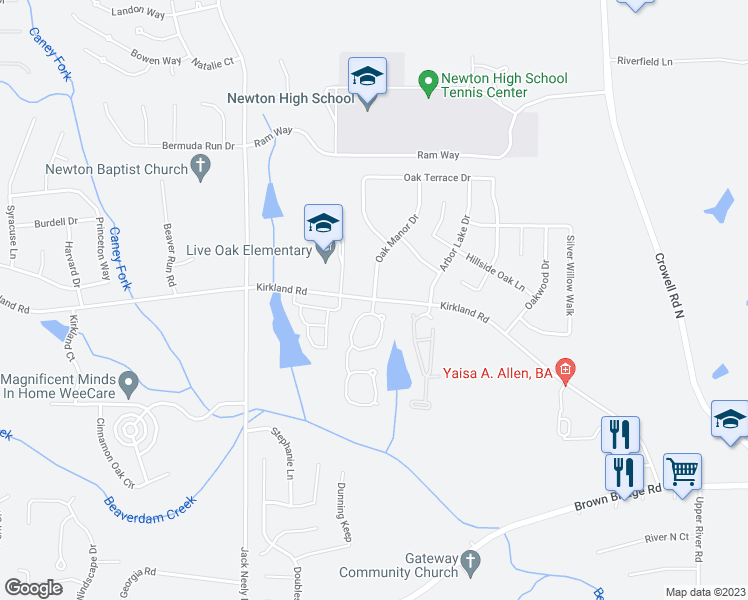 map of restaurants, bars, coffee shops, grocery stores, and more near 135 Oak Manor Drive in Covington