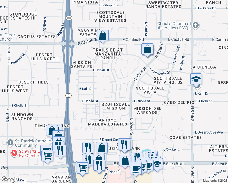 map of restaurants, bars, coffee shops, grocery stores, and more near 11505 North 90th Way in Scottsdale