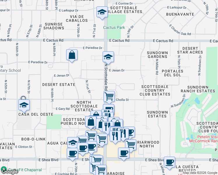 map of restaurants, bars, coffee shops, grocery stores, and more near 7224 East Kalil Drive in Scottsdale