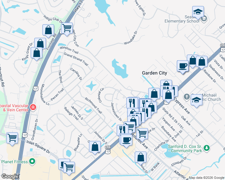 map of restaurants, bars, coffee shops, grocery stores, and more near 912 Prince William Court in Murrells Inlet