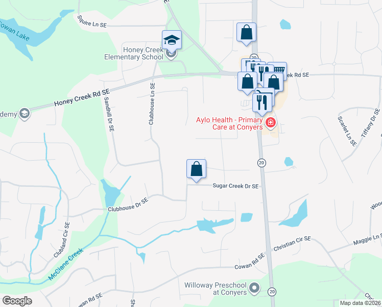 map of restaurants, bars, coffee shops, grocery stores, and more near 3711 Sweet Briar Court Southeast in Conyers