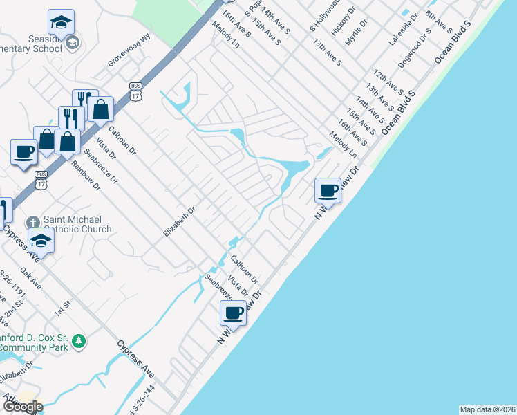 map of restaurants, bars, coffee shops, grocery stores, and more near 1666 White Ibis Court in Murrells Inlet