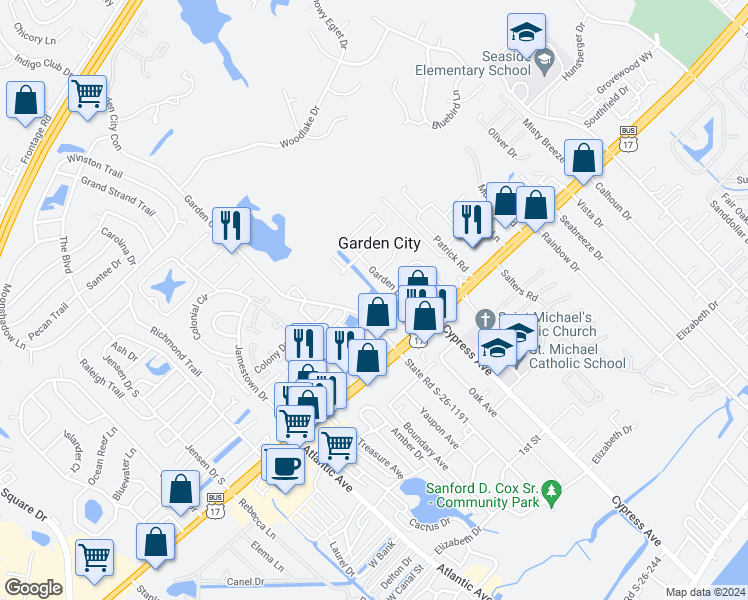 map of restaurants, bars, coffee shops, grocery stores, and more near 121 Addison Cottage Way in Murrells Inlet
