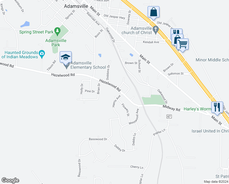 map of restaurants, bars, coffee shops, grocery stores, and more near 4203 Hazelwood Road in Adamsville