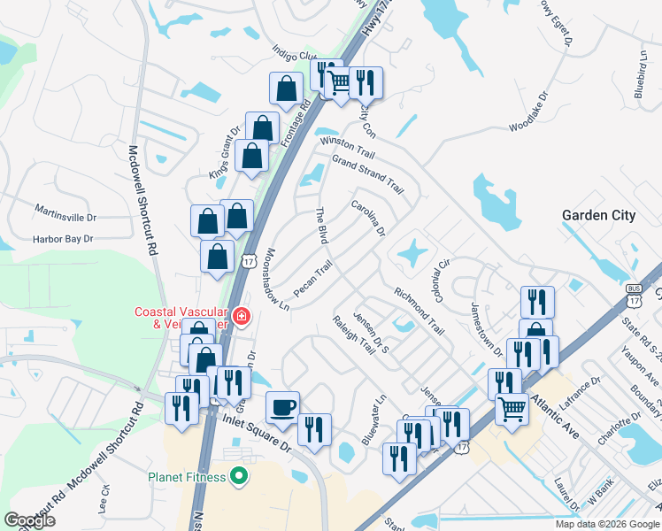 map of restaurants, bars, coffee shops, grocery stores, and more near 3200 Santee Drive in Murrells Inlet