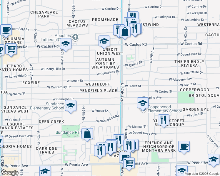 map of restaurants, bars, coffee shops, grocery stores, and more near 6803 West Canterbury Drive in Peoria