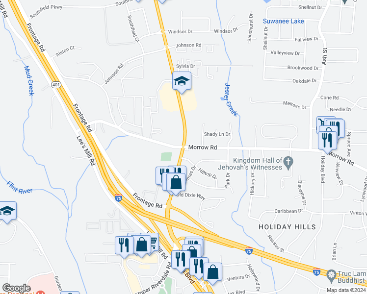 map of restaurants, bars, coffee shops, grocery stores, and more near Old Dixie Rd & Morrow Rd in Forest Park