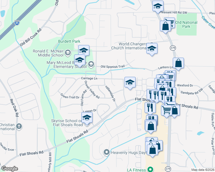 map of restaurants, bars, coffee shops, grocery stores, and more near 6036 Hillandale Drive in Atlanta