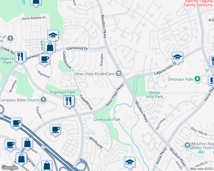 map of restaurants, bars, coffee shops, grocery stores, and more near 69 Meadowood in Aliso Viejo