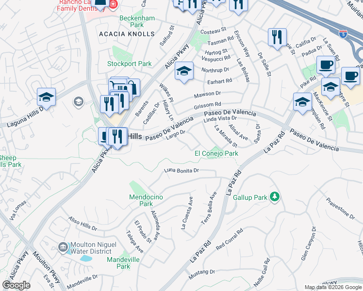 map of restaurants, bars, coffee shops, grocery stores, and more near 25011 Marin Court in Laguna Hills