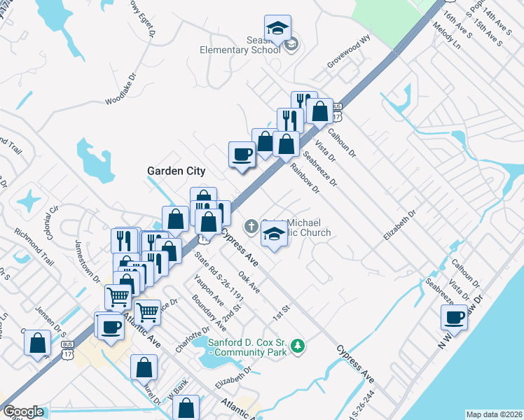 map of restaurants, bars, coffee shops, grocery stores, and more near 821 Main Sail Court in Murrells Inlet