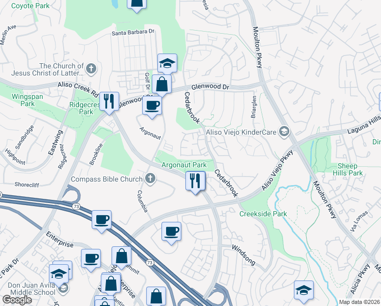 map of restaurants, bars, coffee shops, grocery stores, and more near 11 Summerwood in Aliso Viejo