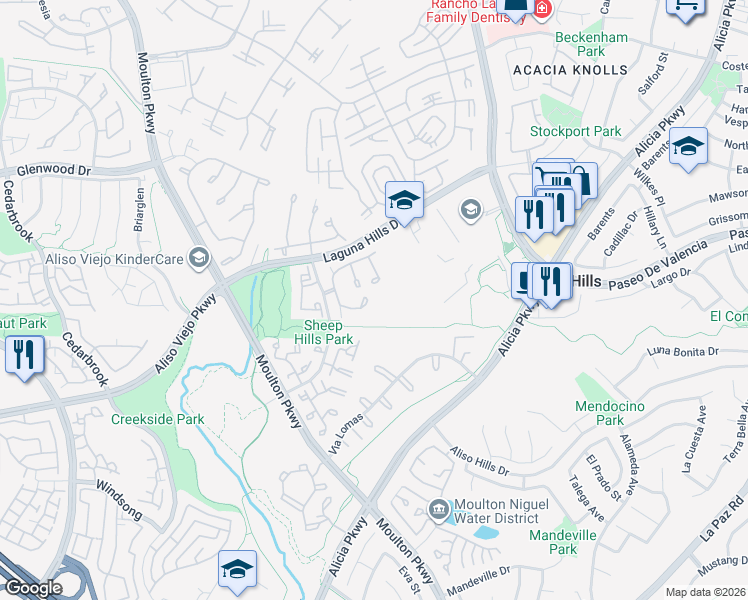 map of restaurants, bars, coffee shops, grocery stores, and more near 57 Carriage Hill Lane in Laguna Hills