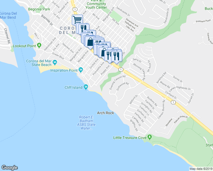 map of restaurants, bars, coffee shops, grocery stores, and more near 223 Evening Canyon Road in Newport Beach