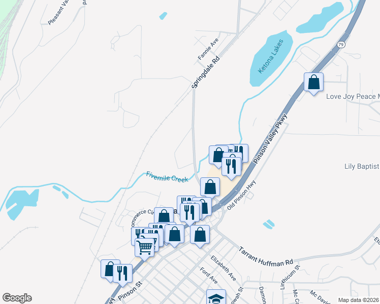 map of restaurants, bars, coffee shops, grocery stores, and more near 733 Springdale Road in Birmingham