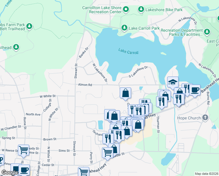 map of restaurants, bars, coffee shops, grocery stores, and more near 325 Almon Road in Carrollton