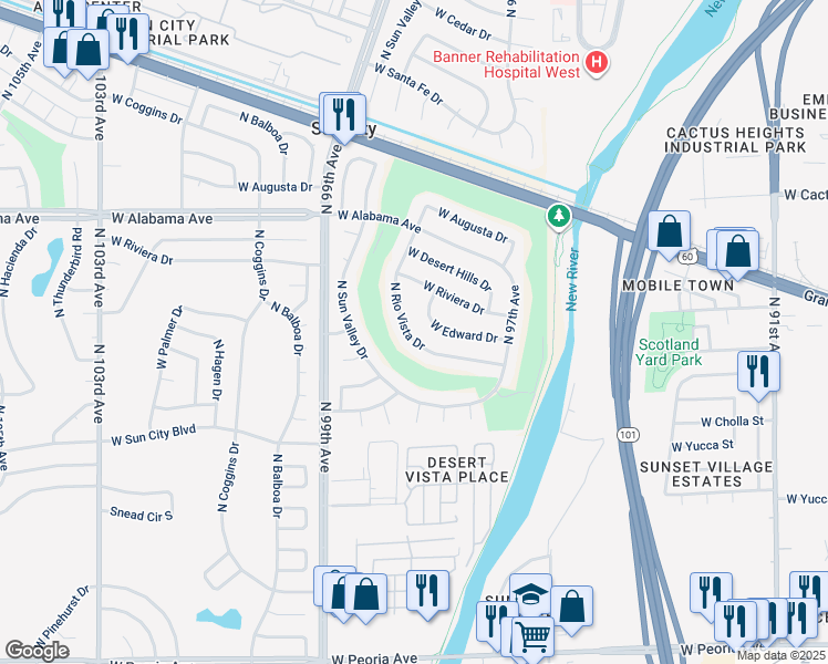map of restaurants, bars, coffee shops, grocery stores, and more near 11665 North Rio Vista Drive in Sun City