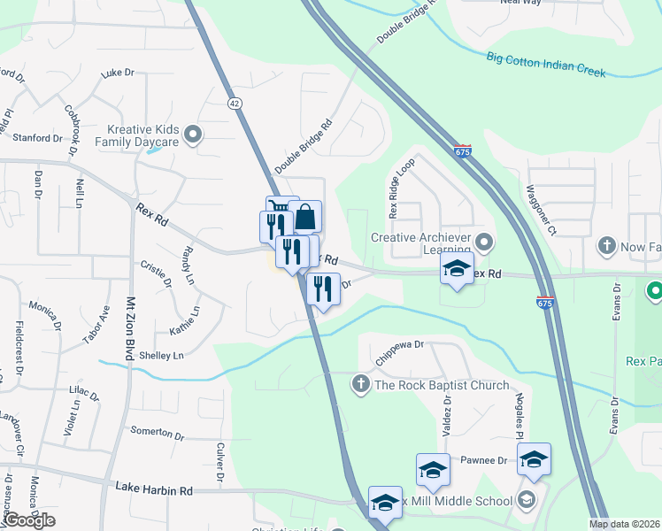 map of restaurants, bars, coffee shops, grocery stores, and more near 2991 Rex Road in Rex