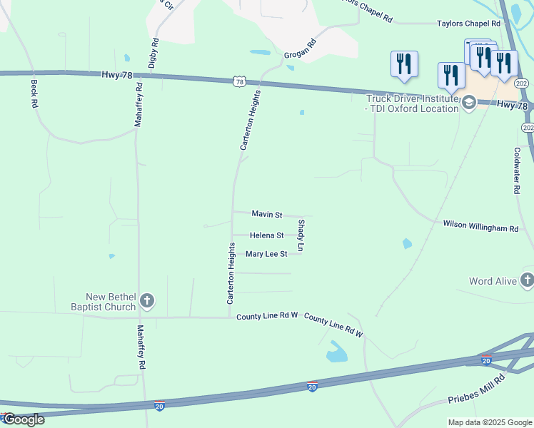map of restaurants, bars, coffee shops, grocery stores, and more near 179 Mavin Street in Eastaboga