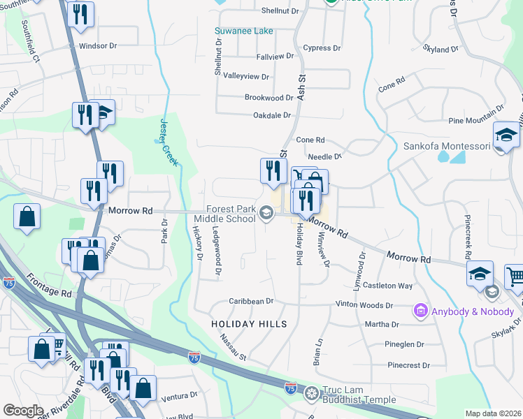 map of restaurants, bars, coffee shops, grocery stores, and more near 686 Morrow Road in Forest Park