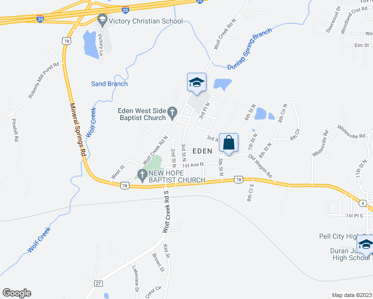 map of restaurants, bars, coffee shops, grocery stores, and more near 125 3rd Street North in Pell City