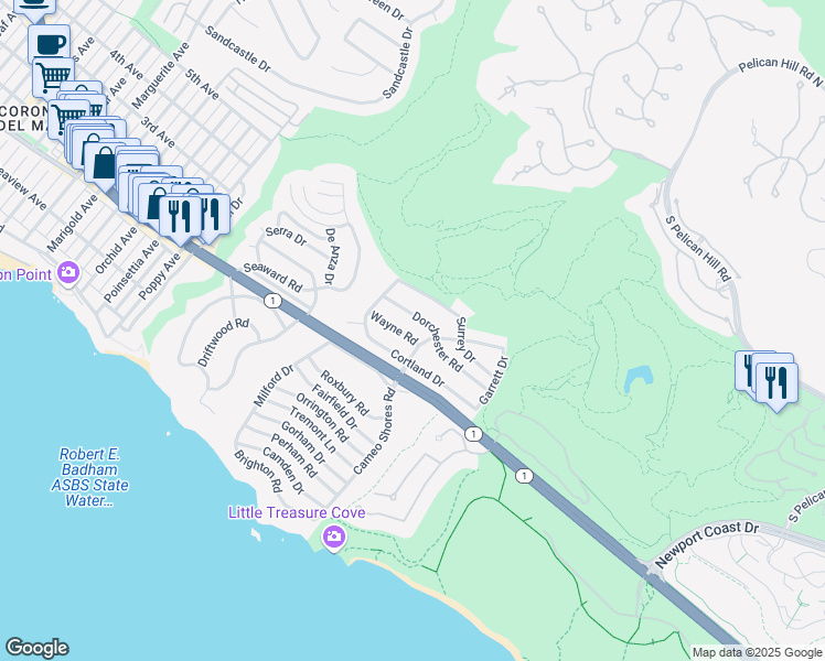 map of restaurants, bars, coffee shops, grocery stores, and more near 4614 Wayne Road in Newport Beach