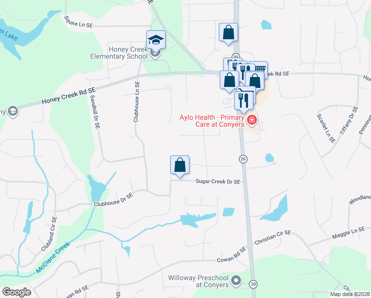 map of restaurants, bars, coffee shops, grocery stores, and more near 3711 Sweet Briar Court Southeast in Conyers