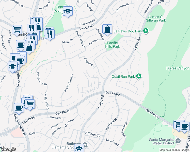 map of restaurants, bars, coffee shops, grocery stores, and more near 139 Melrose Drive in Mission Viejo