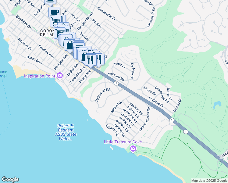 map of restaurants, bars, coffee shops, grocery stores, and more near 327 Driftwood Road in Newport Beach