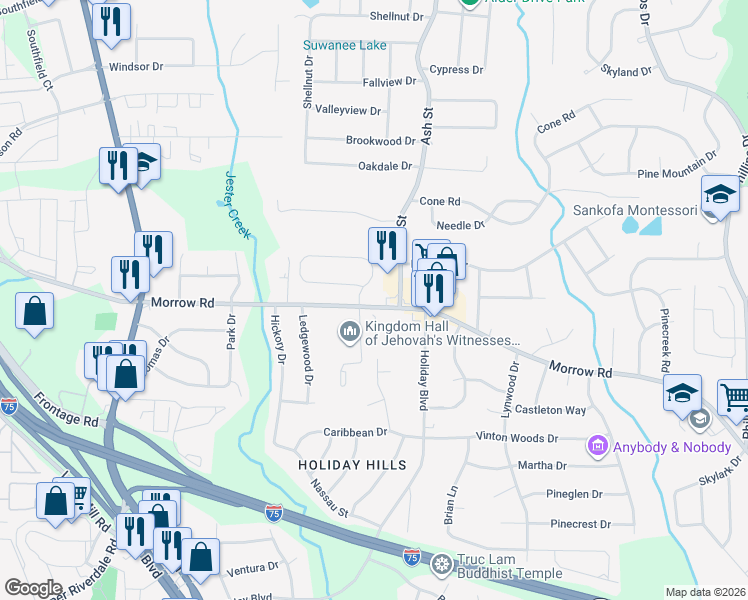 map of restaurants, bars, coffee shops, grocery stores, and more near 686 Morrow Road in Forest Park
