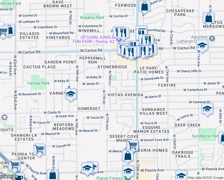 map of restaurants, bars, coffee shops, grocery stores, and more near 11643 N 76th Ln in Peoria