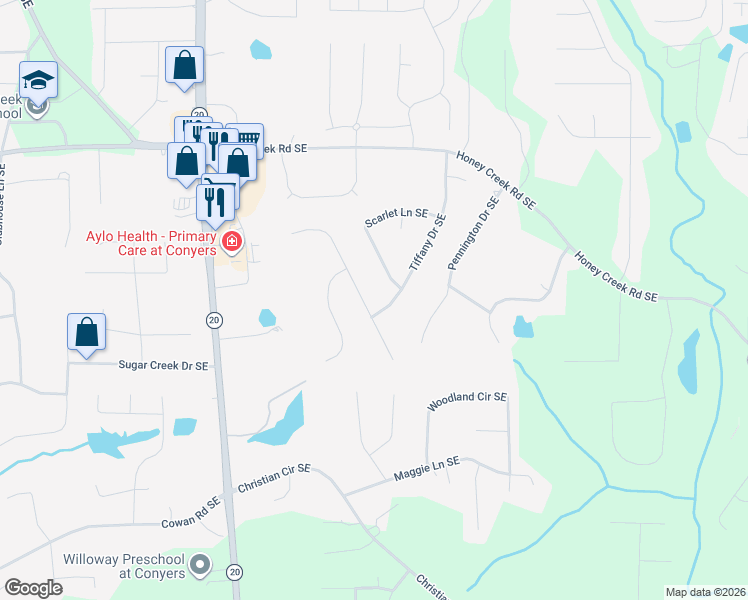 map of restaurants, bars, coffee shops, grocery stores, and more near 3648 Cherry Creek Drive Southeast in Conyers
