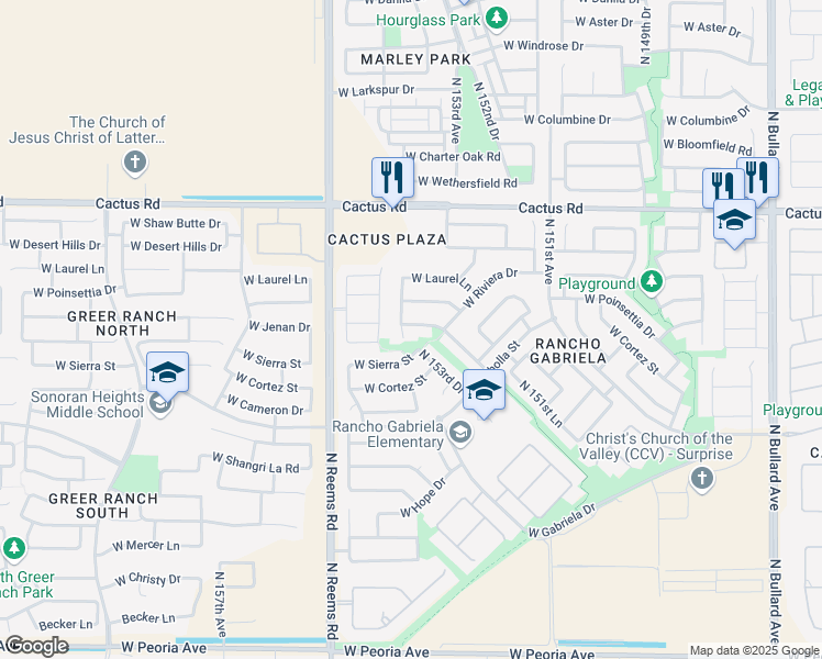 map of restaurants, bars, coffee shops, grocery stores, and more near 11731 N 154th Ave in Surprise