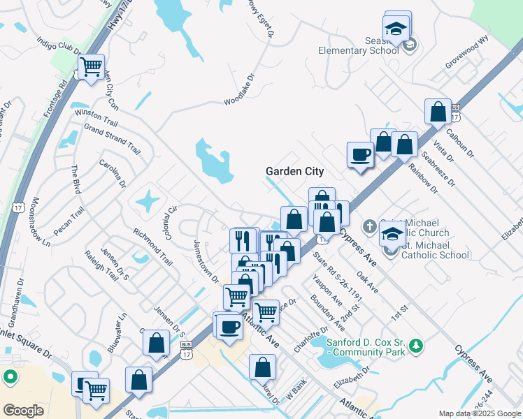 map of restaurants, bars, coffee shops, grocery stores, and more near 550 Garden City Connector in Murrells Inlet