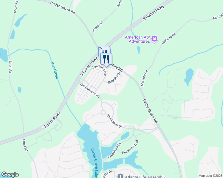 map of restaurants, bars, coffee shops, grocery stores, and more near 6127 Allpoint Way in Fairburn
