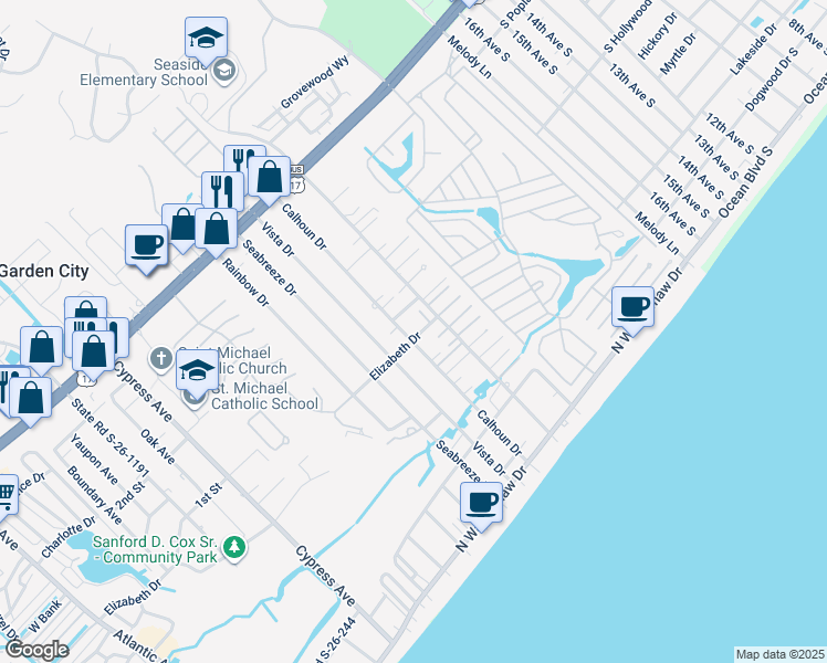 map of restaurants, bars, coffee shops, grocery stores, and more near 408 Calhoun Drive in Murrells Inlet