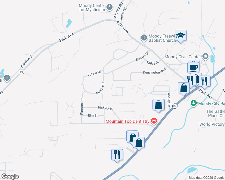 map of restaurants, bars, coffee shops, grocery stores, and more near 2019 Queens Court in Moody