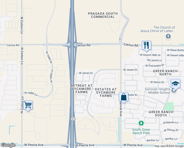 map of restaurants, bars, coffee shops, grocery stores, and more near 16529 West Jenan Drive in Surprise