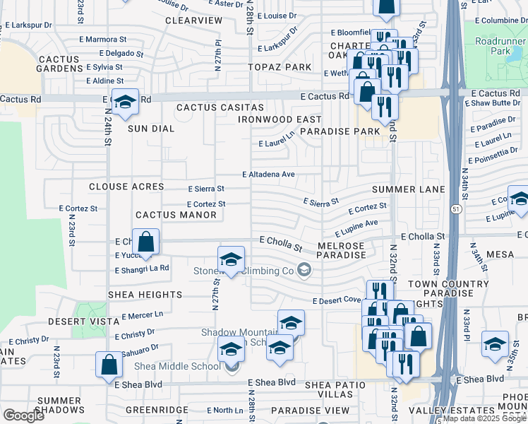 map of restaurants, bars, coffee shops, grocery stores, and more near 2801 East Cortez Street in Phoenix
