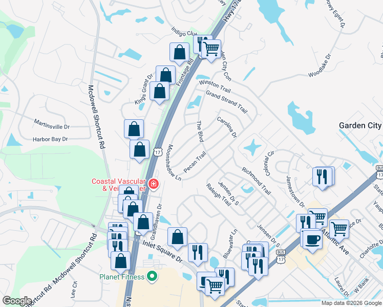 map of restaurants, bars, coffee shops, grocery stores, and more near 3343 Charleston Trail in Murrells Inlet