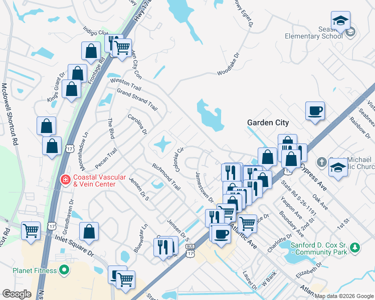 map of restaurants, bars, coffee shops, grocery stores, and more near 135 Colonial Circle in Murrells Inlet
