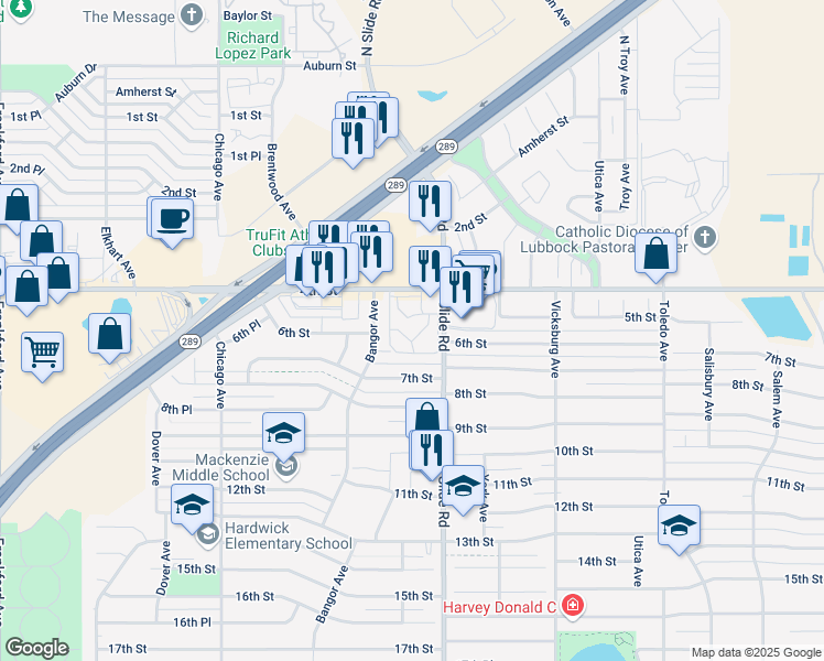 map of restaurants, bars, coffee shops, grocery stores, and more near 502 Slide Road in Lubbock