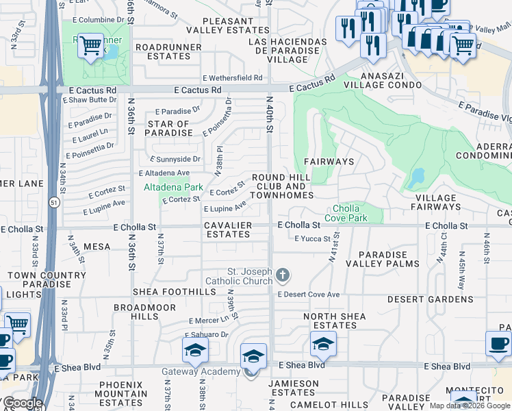 map of restaurants, bars, coffee shops, grocery stores, and more near 11430 North 40th Street in Phoenix
