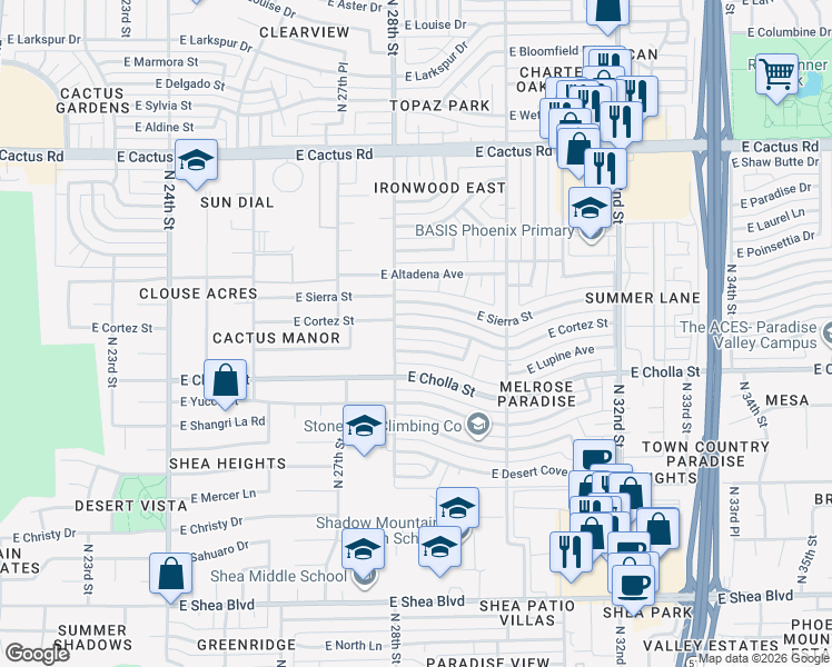 map of restaurants, bars, coffee shops, grocery stores, and more near 2801 East Cortez Street in Phoenix
