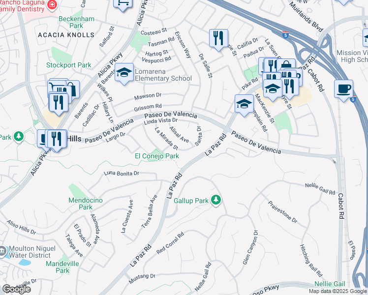 map of restaurants, bars, coffee shops, grocery stores, and more near 25552 La Mirada Street in Laguna Hills
