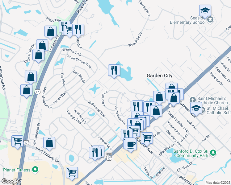 map of restaurants, bars, coffee shops, grocery stores, and more near 135 Colonial Circle in Murrells Inlet