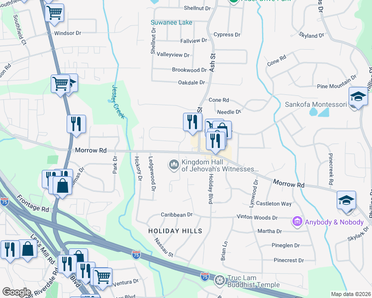map of restaurants, bars, coffee shops, grocery stores, and more near 686 Morrow Road in Forest Park