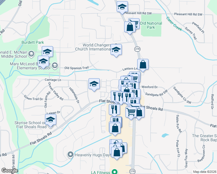 map of restaurants, bars, coffee shops, grocery stores, and more near 2555 Flat Shoals Road in Atlanta