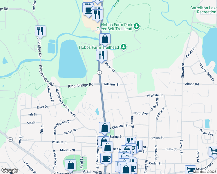 map of restaurants, bars, coffee shops, grocery stores, and more near 823 North Park Street in Carrollton