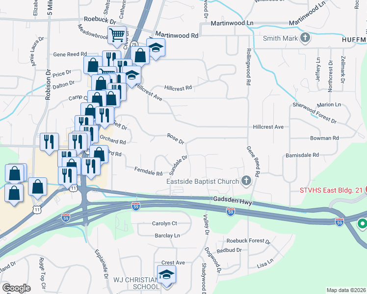 map of restaurants, bars, coffee shops, grocery stores, and more near 901 Rose Drive in Birmingham